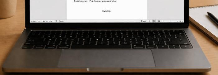 Notebook s otevřenou diplomovou prací, vedle něj blok a pero
